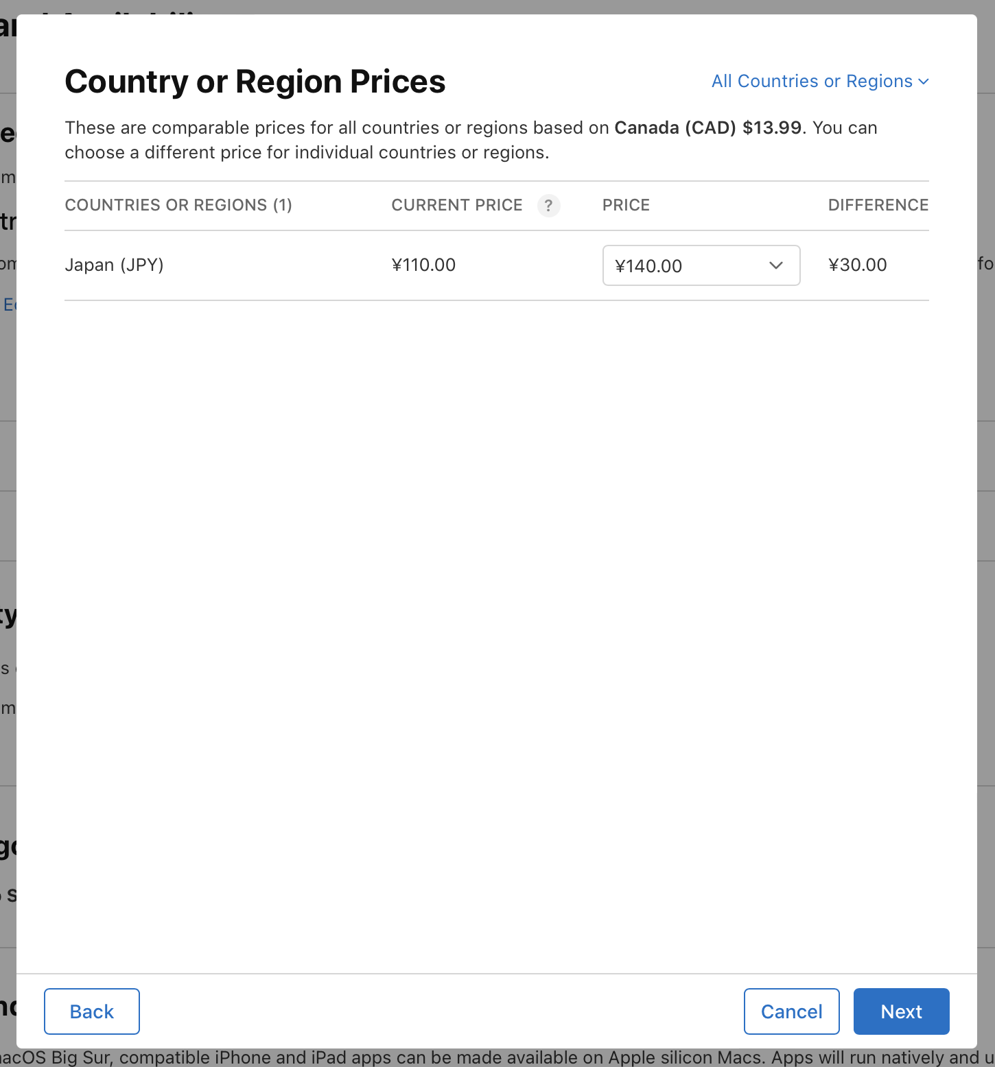 In the “Country or Region Prices” dialog, Japan is listed with current and new price column. The new price is editable. At the bottom of the dialog, the “Back” button is on the left, and the “Cancel” and “Next” buttons are on the right.