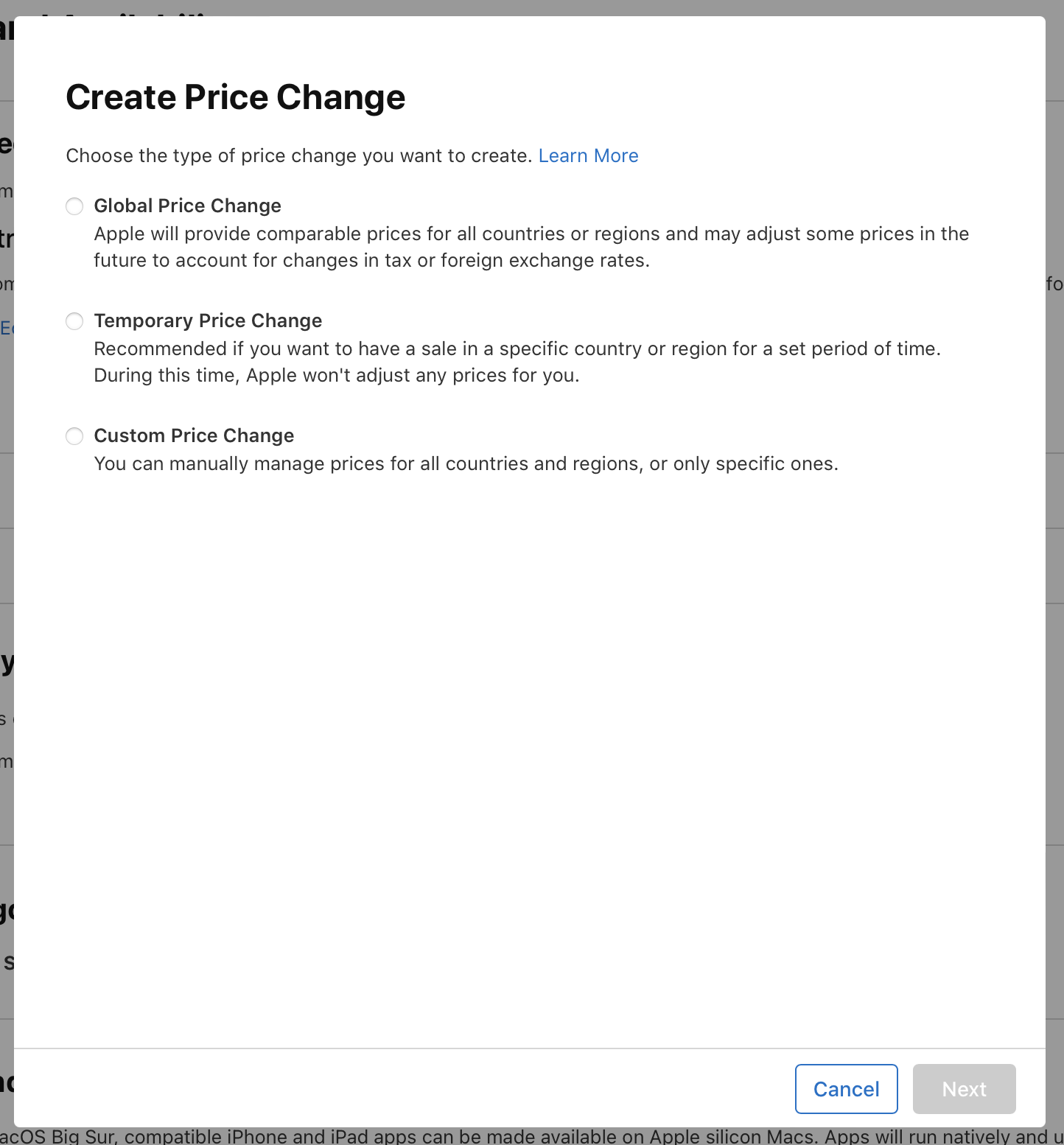 In the “Create Price Change” dialog, there are three options: “Global Price Change,” “Temporary Price Change,” and “Custom Price Change.” At the bottom of the dialog, the “Cancel” and “Next” buttons are on the right.