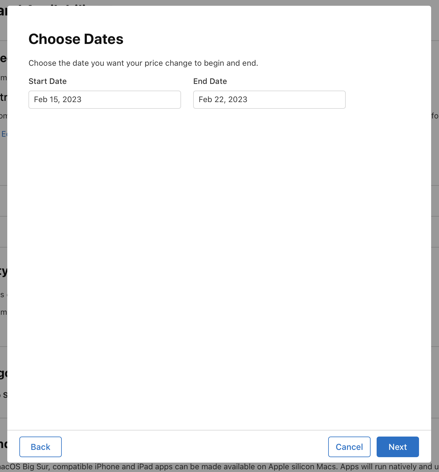 In the “Choose Dates” dialog, there are fields to enter a start date and an end date. At the bottom of the dialog, the “Back” button is on the left, and the “Cancel” and “Next” buttons are on the right.