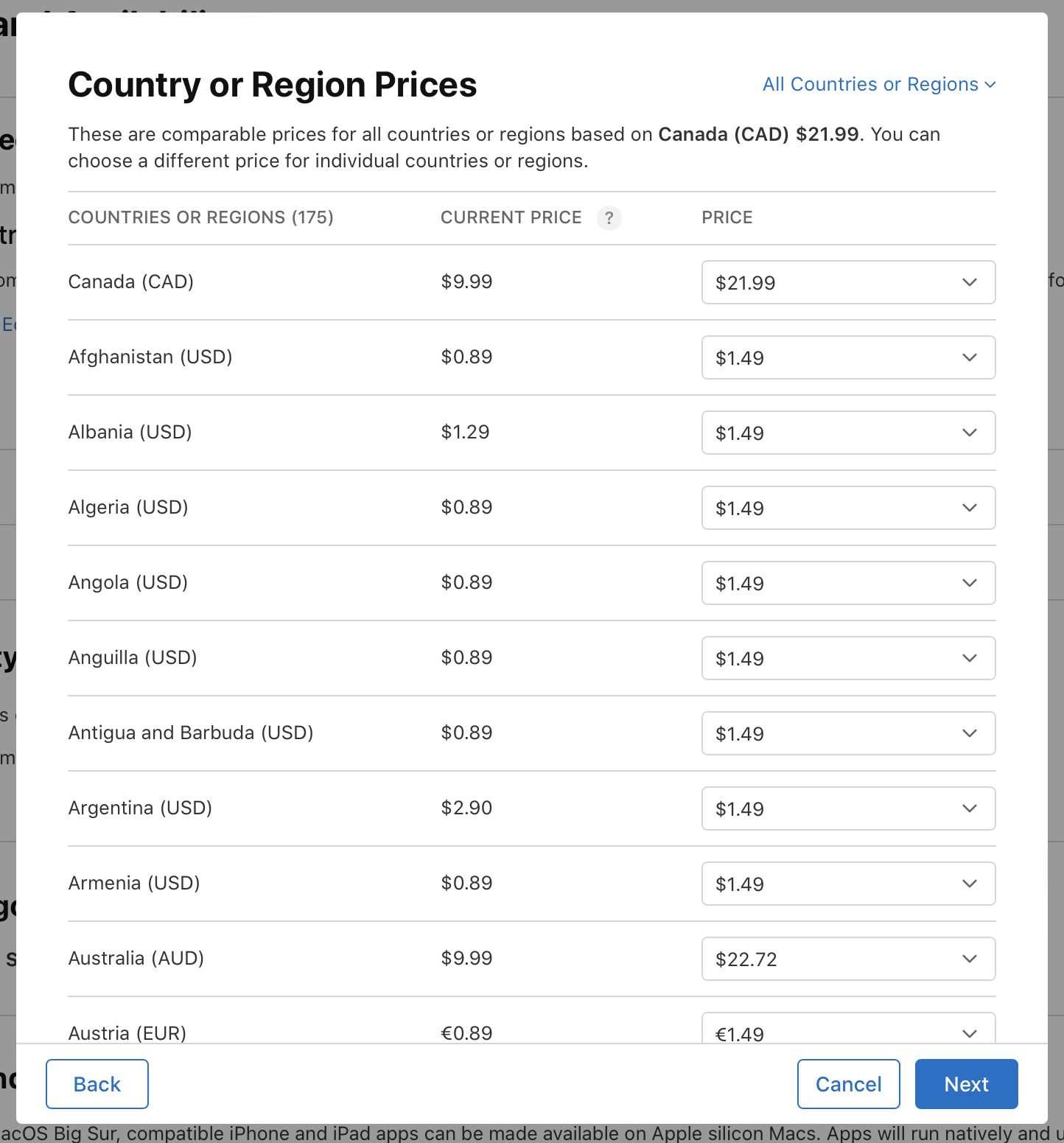 In the “Country or Region Prices” dialog, comparable prices for all other countries or regions are listed. Each prices are editable. At the bottom of the dialog, the “Back” button is on the left, and the “Cancel” and “Next” buttons are on the right.