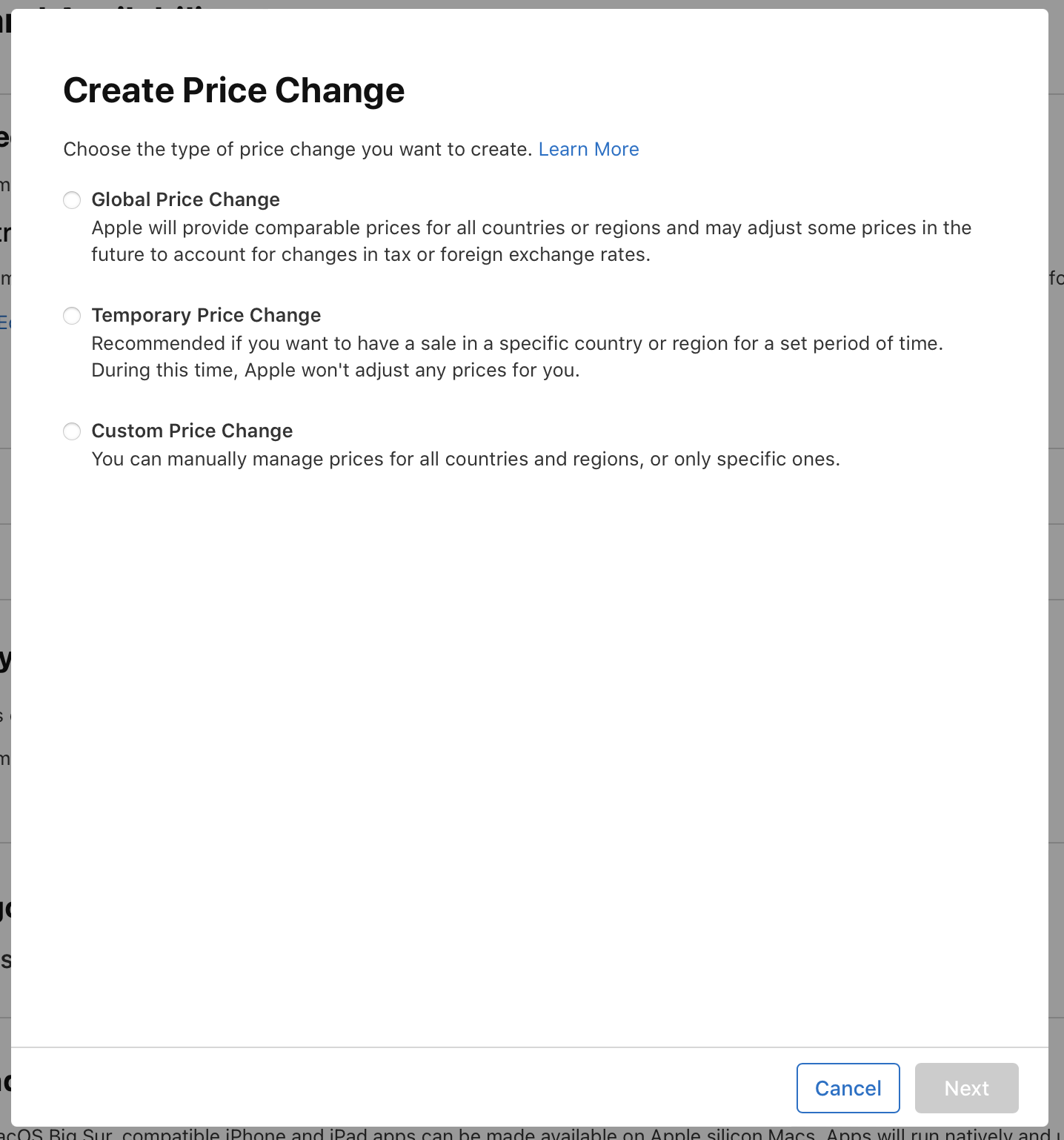 In the “Create Price Change” dialog, there are three options: “Global Price Change,” “Temporary Price Change,” and “Custom Price Change.” At the bottom of the dialog, the “Cancel” and “Next” buttons are on the right.