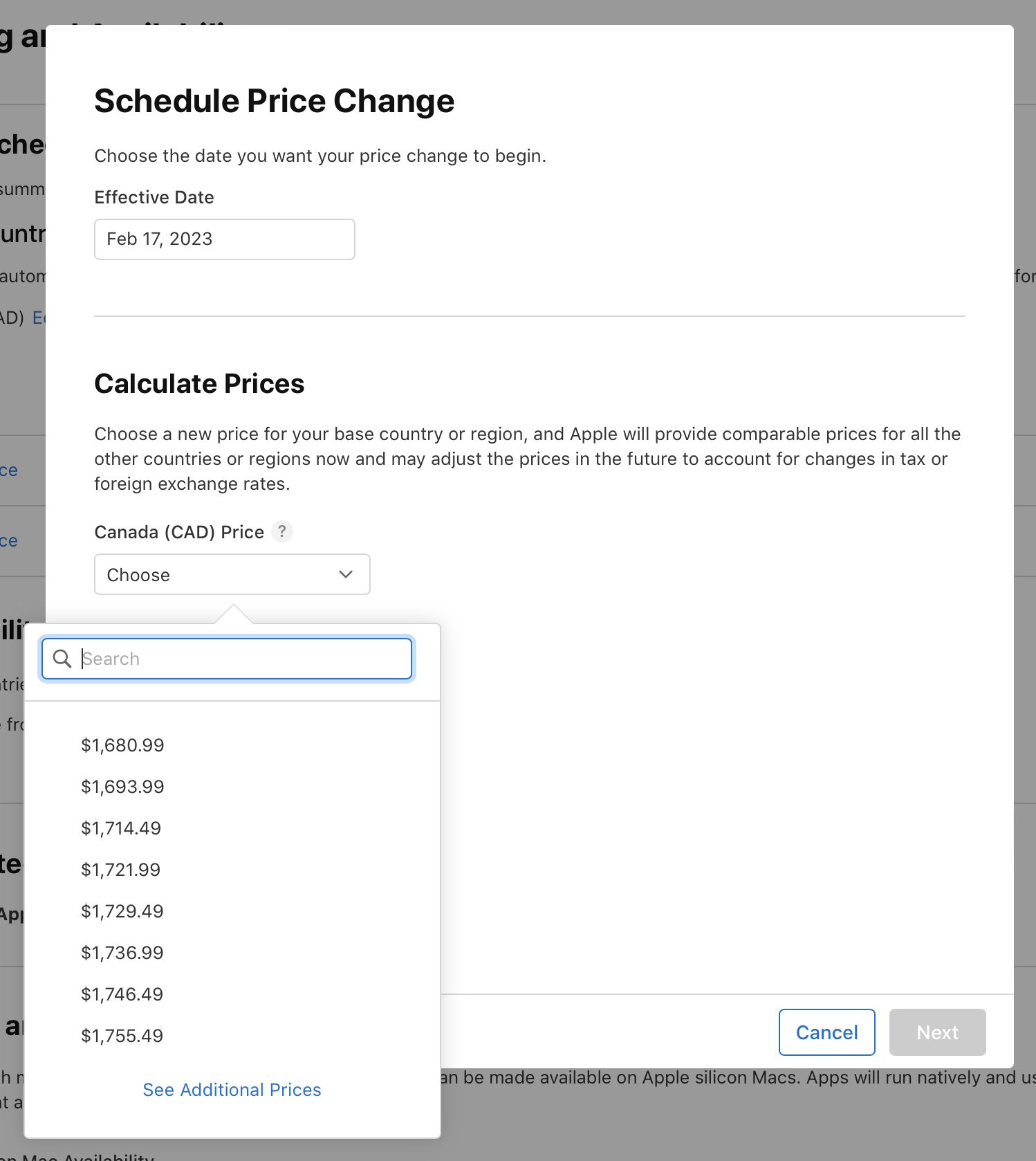 In the “Schedule Price Change” dialog, there are a field for the “Effective Date” section and a pull-down menu for the “Price” section. The pull down menu under the “Price” section is open, listing a few price points. At the bottom of the dialog, the “Cancel” and “Next” buttons are on the right.