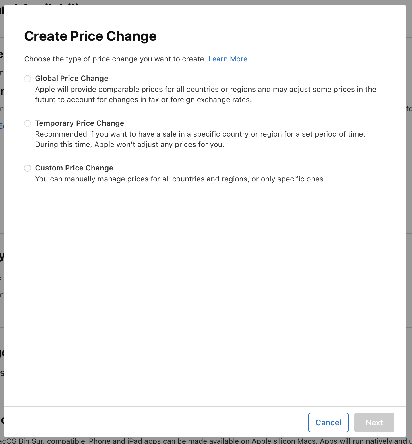 In the “Create Price Change” dialog, there are three options: “Global Price Change,” “Temporary Price Change,” and “Custom Price Change.” At the bottom of the dialog, the “Cancel” and “Next” buttons are on the right.