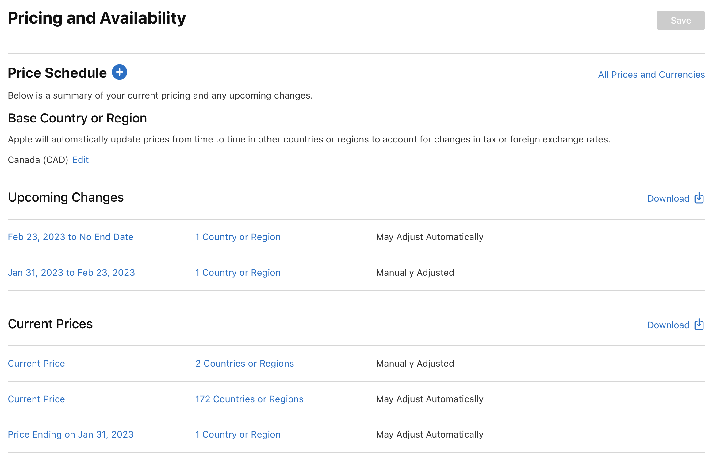 On the “Pricing and Availability” page, under the “Upcoming Changes” section, the effective dates, the number of impacted countries or regions, and the adjusted method are listed.