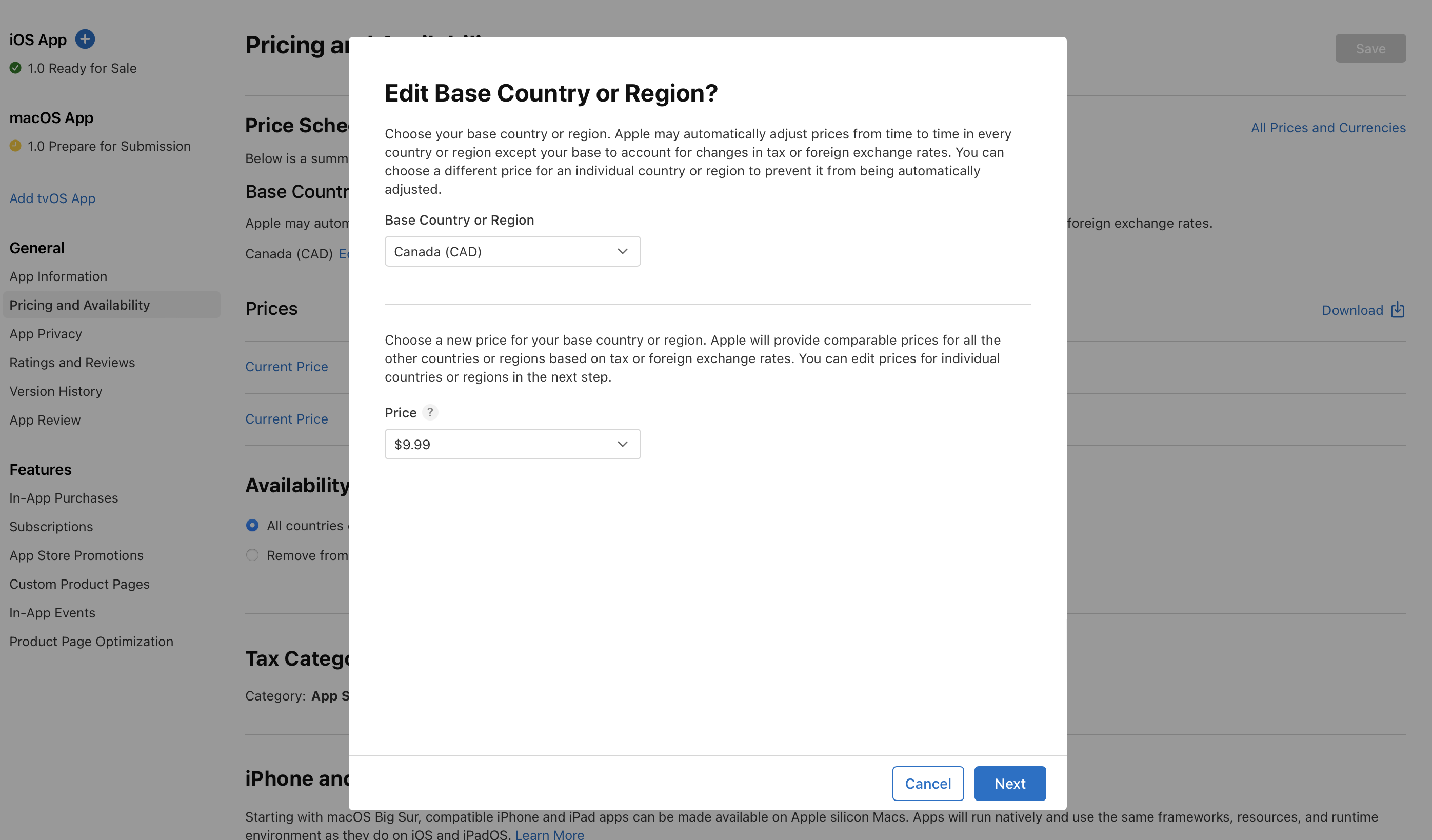 In the “Edit Base Country or Region?” dialog, there are pull-down menu for the “Base Country or Region” section and the “Price” section. At the bottom of the dialog, the “Cancel” and “Next” buttons are on the right.