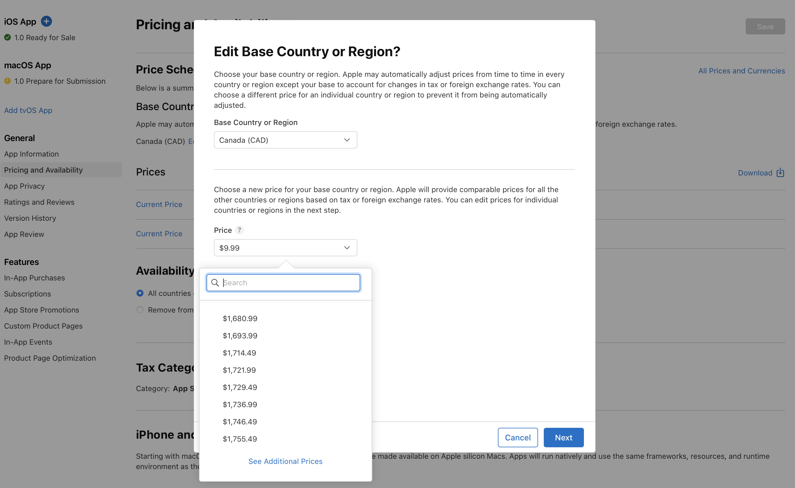 In the “Edit Base Country or Region?” dialog, there are pull-down menu for the “Base Country or Region” section and the “Price” section. The pull down menu under the “Price” section is open, listing a few price points. At the bottom of the dialog, the “Cancel” and “Next” buttons are on the right.