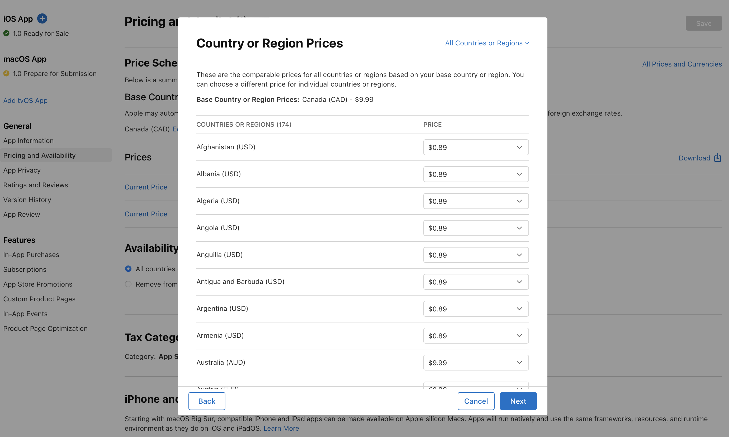 In the “Country or Region Prices” dialog, comparable prices for all other countries or regions are listed. Each prices are editable. At the bottom of the dialog, the “Back” button is on the left, and the “Cancel” and “Next” buttons are on the right.