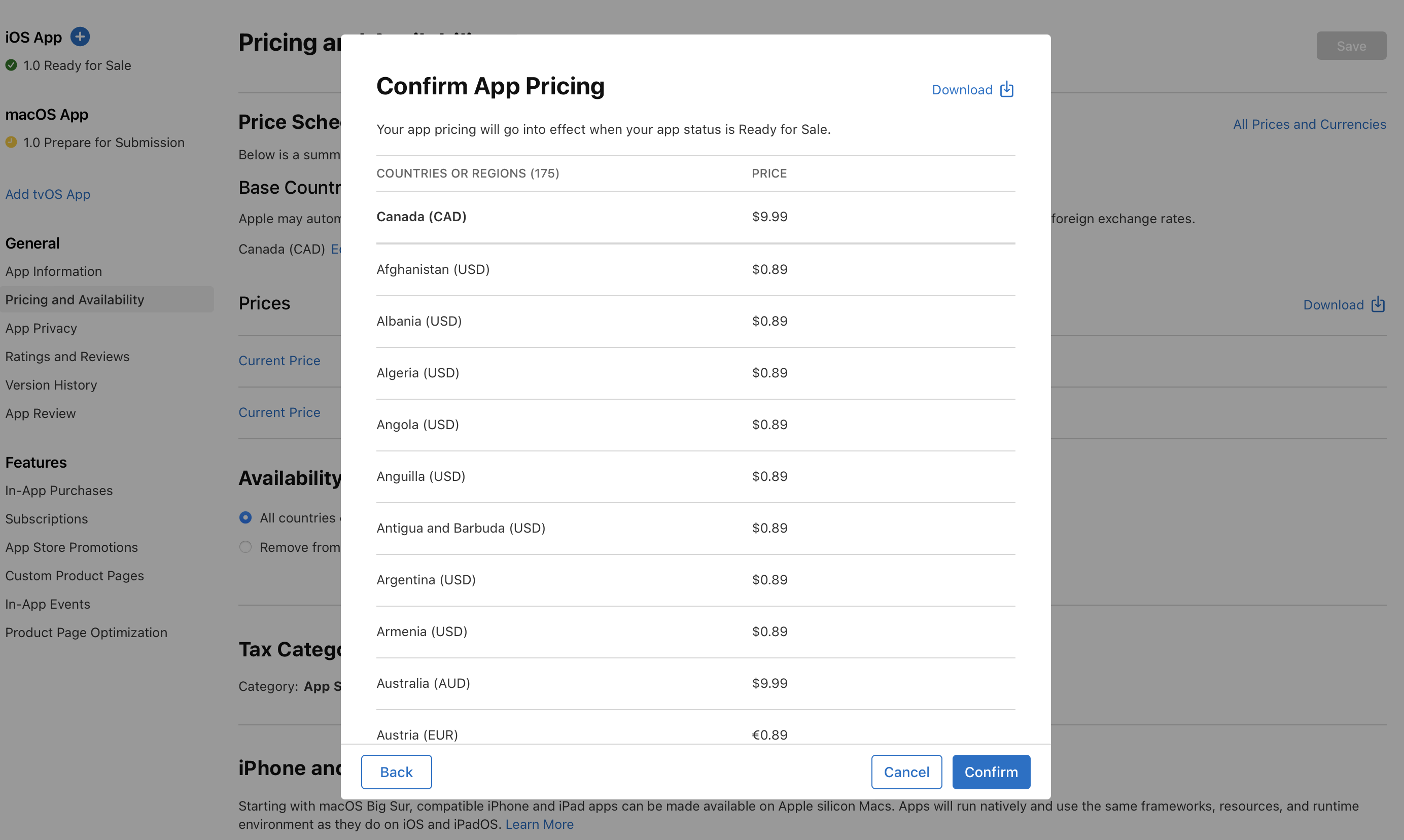 In the “Confirm App Pricing” dialog, prices for all other countries or regions are listed.  At the bottom of the dialog, the “Back” button is on the left, and the “Cancel” and “Next” buttons are on the right.