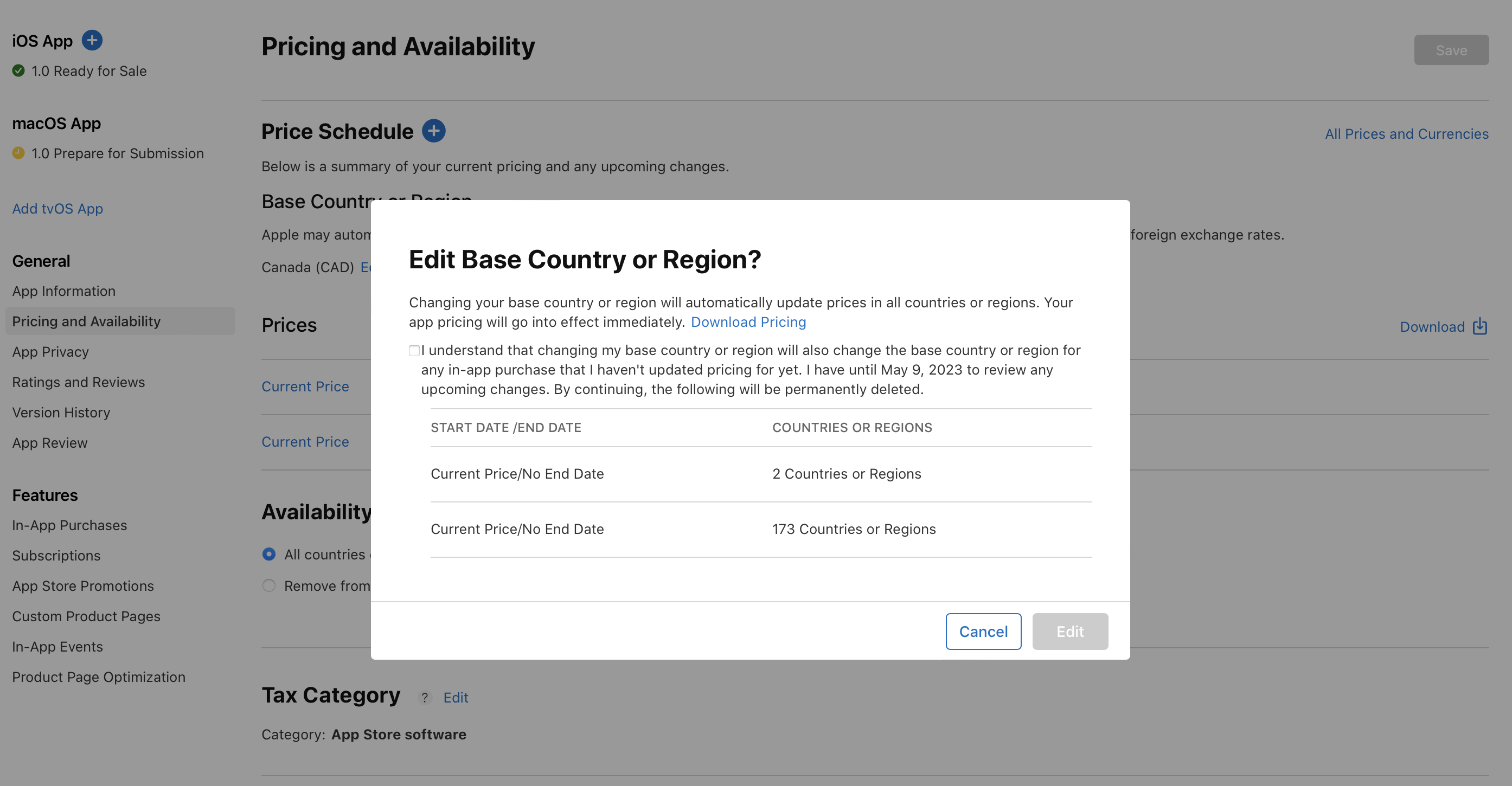 The “Edit Base Country or Region” dialog includes a checkbox with an acknowledgment statement about changing the base country or region, and two sections listing the current price and end date for 2 countries or regions and 173 countries or regions. At the bottom of the dialog, the “Cancel” button is on the left, and the “Edit” button is on the right.