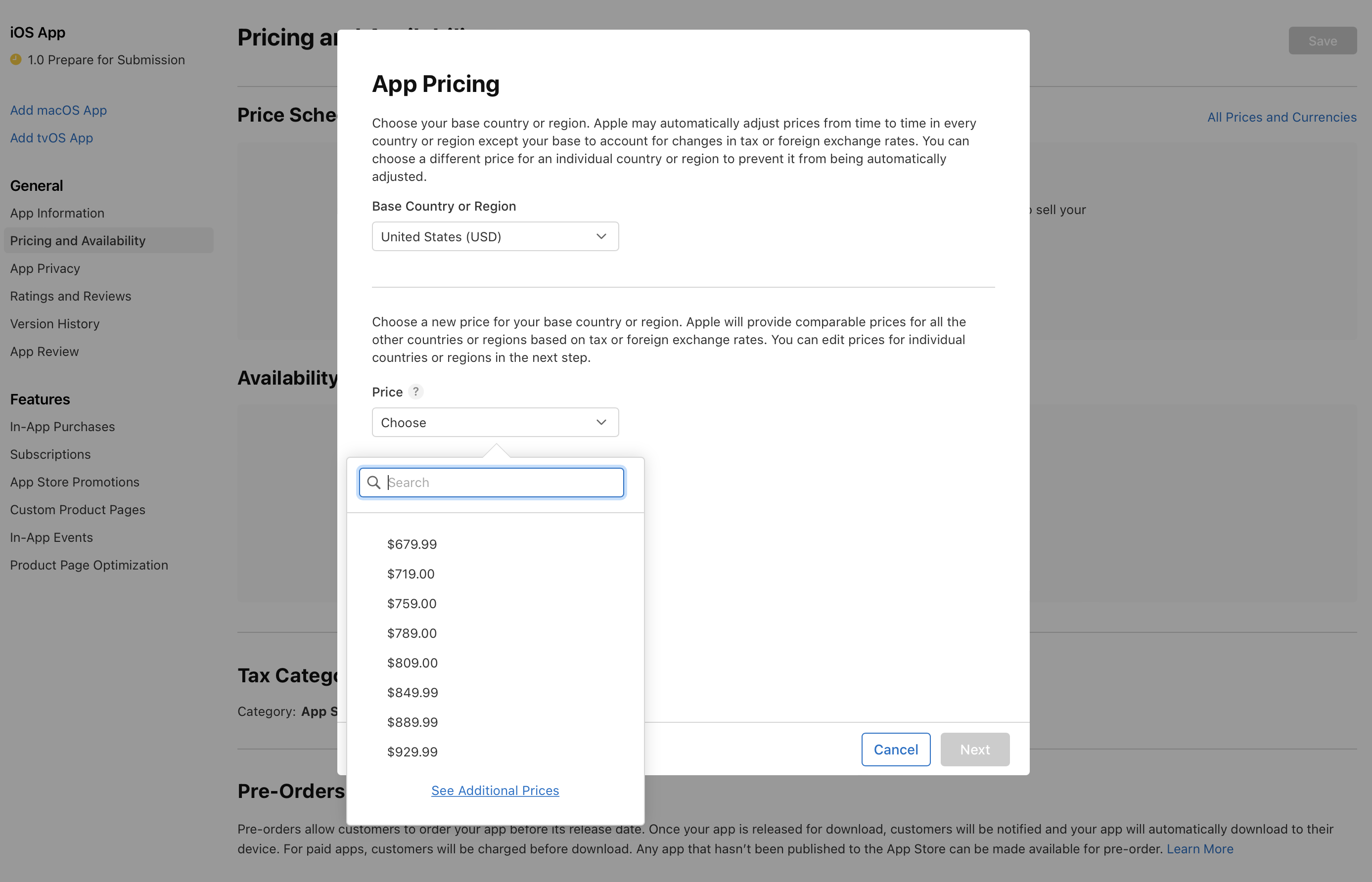 In the “App Pricing” dialog, there are pull-down menu for the “Base Country or Region”section and the “Price” section. The pull down menu under the “Price” section is open, listing a few price points. At the bottom of the dialog, there are the “Cancel” and “Next” buttons on the right.