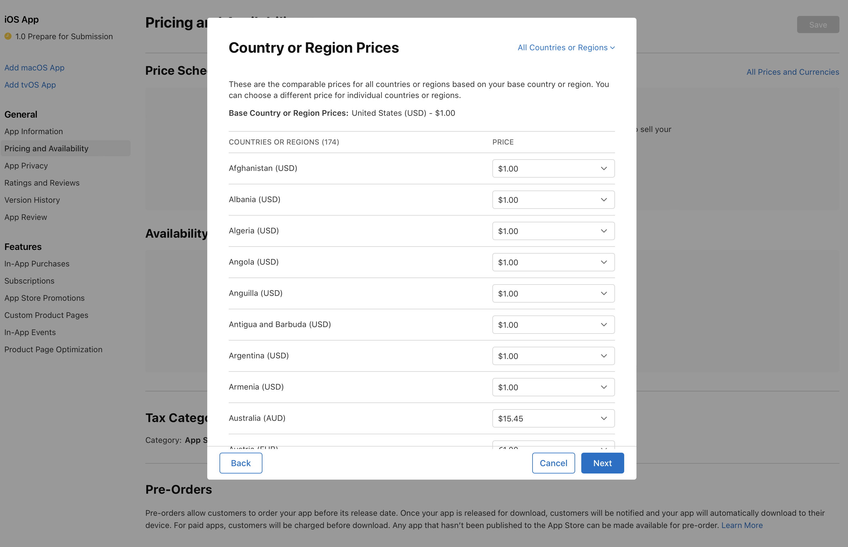 In the “Country or Region Prices” dialog, comparable prices for all other countries or regions are listed. Each prices are editable. At the bottom of the dialog, the “Back” button is on the left, and the “Cancel” and “Next” buttons are on the right.