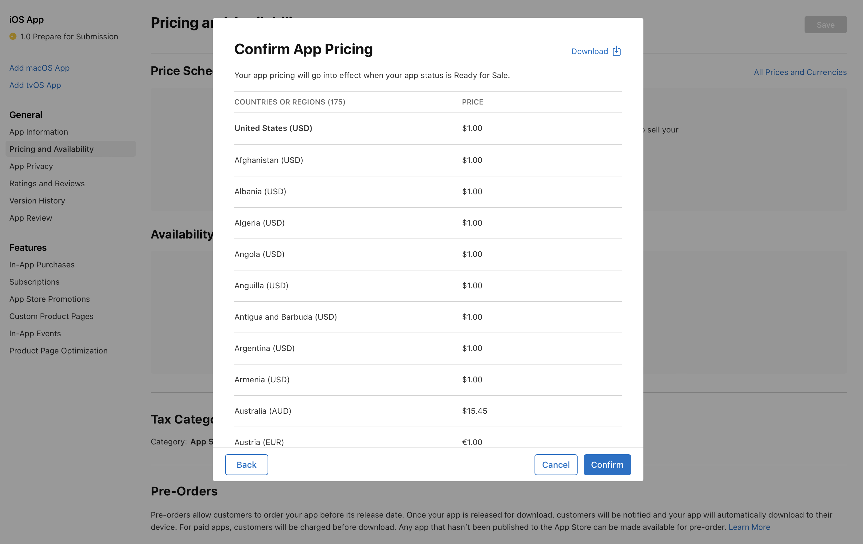 In the “Confirm App Pricing” dialog, prices for all countries or regions are listed. At the bottom of the dialog, the “Back” button is on the left, and the “Cancel” and “Confirm” buttons are on the right.