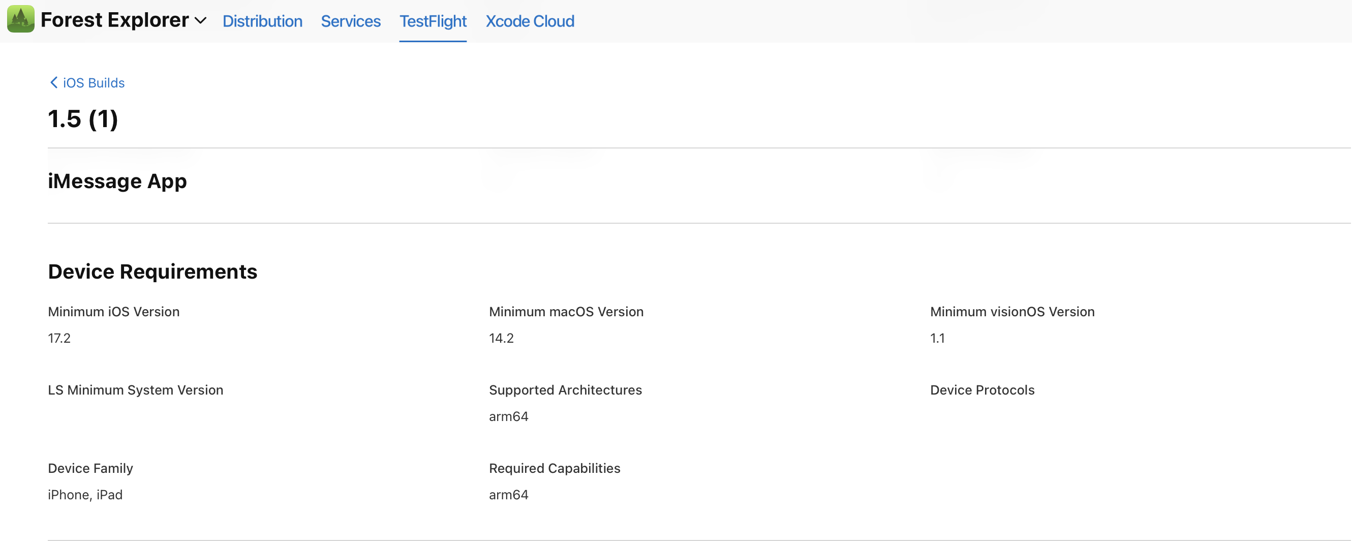 The Device Requirements section on the iOS Build page includes minimum iOS, macOS, and visionOS versions, LS minimum system version, supported architectures, device protocols, device family, and required capabilities.