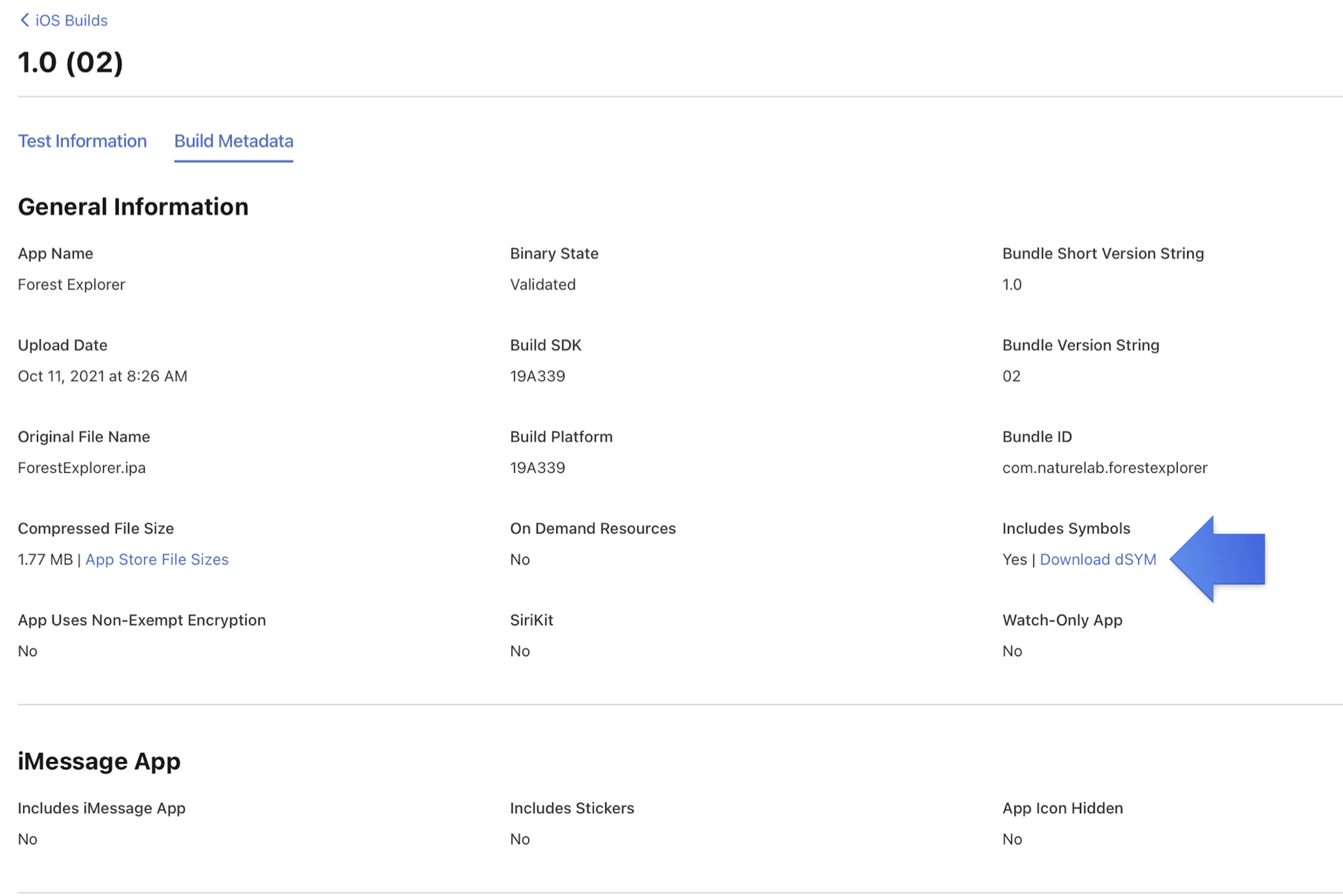 General Information section in the iOS Builds Metadata page. A pointer points to the Download dSYM link.