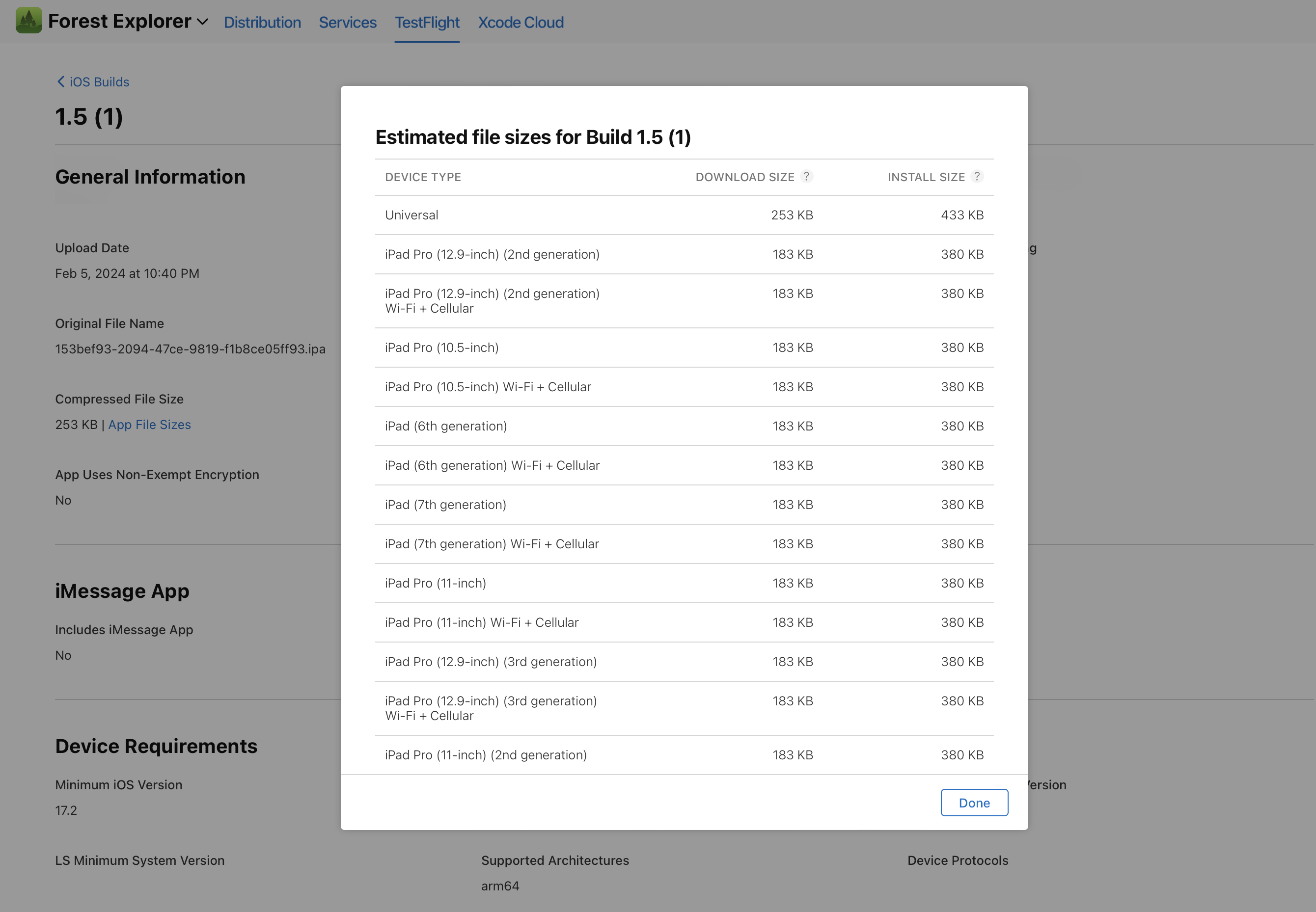 Estimated App file sizes table on the iOS Build Metadata page.