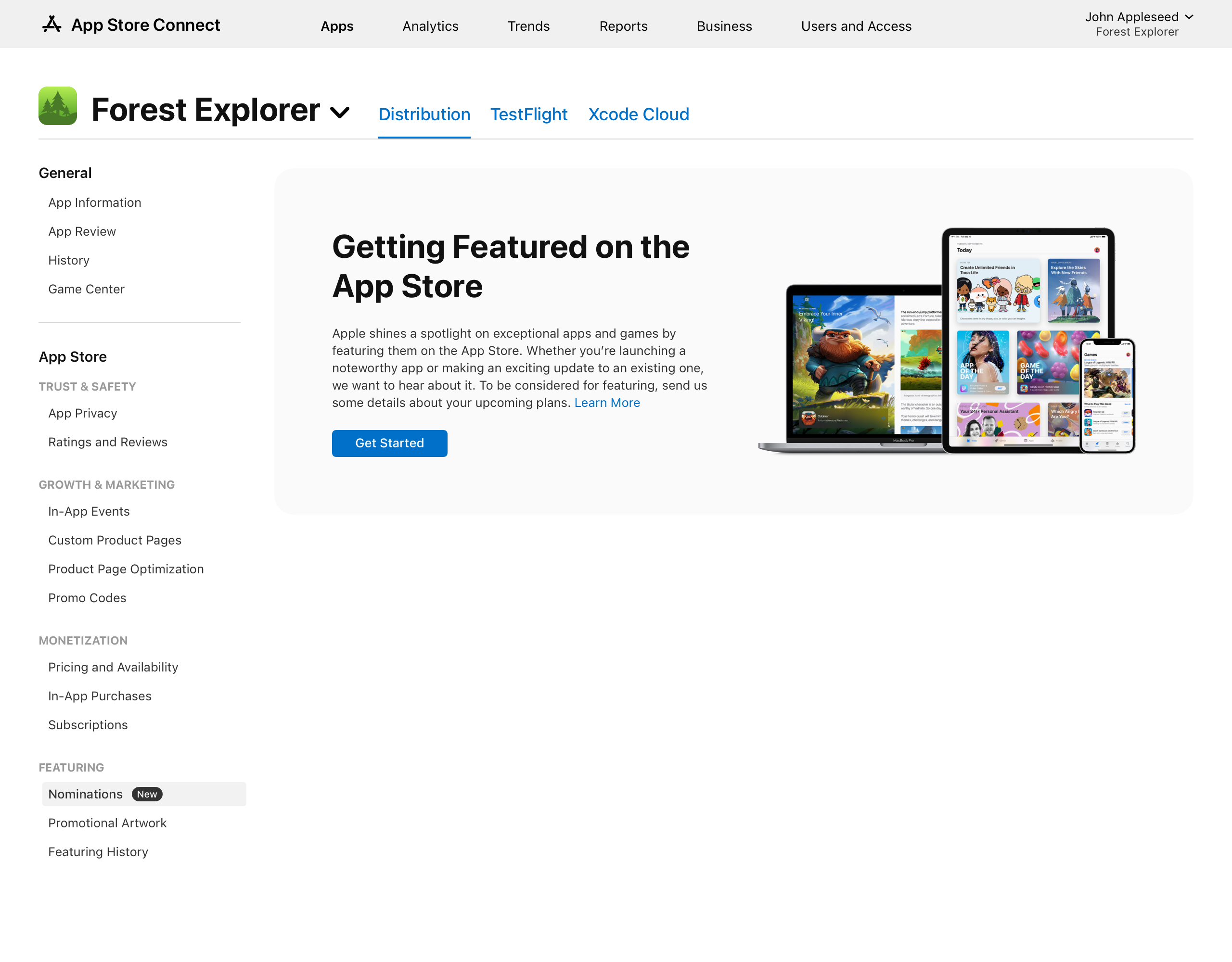 In the sidebar, “Nominations“ under the “Featuring“ section is selected, and a page titled “Getting Featured on the App Store“ is openned.