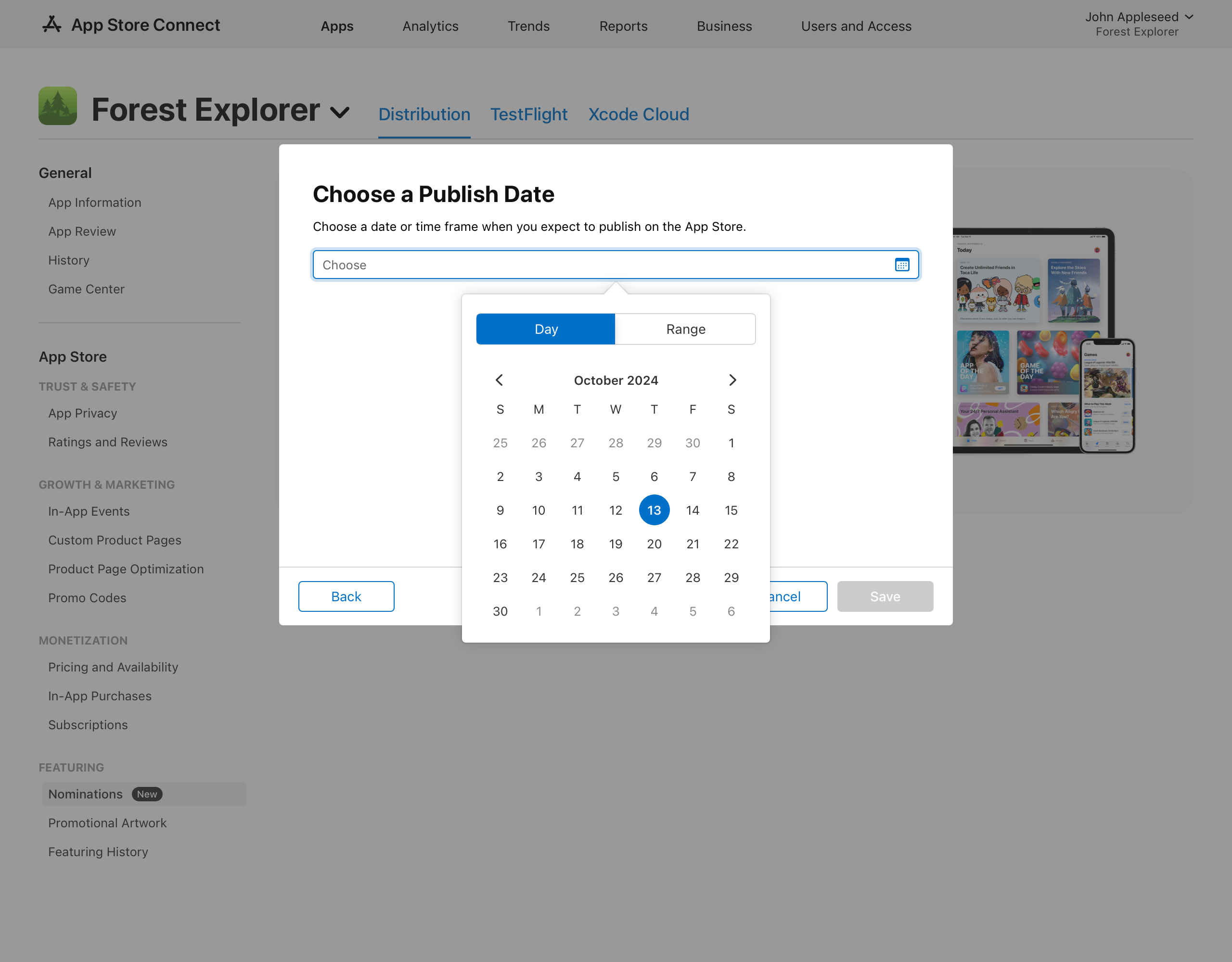 The “Choose a Publish Date“ dialogue contains a field to enter the expected date or time frame to publish on the App Store. When the field is clicked, a calendar appears with options to select a date. The calendar has two tabs labeled “Day“ and “Range“ for choosing specific dates or cutom date ranges. At the bottom of the dialog, the “Back” button is on the left, and the “Cancel” and “Next” buttons are on the right.