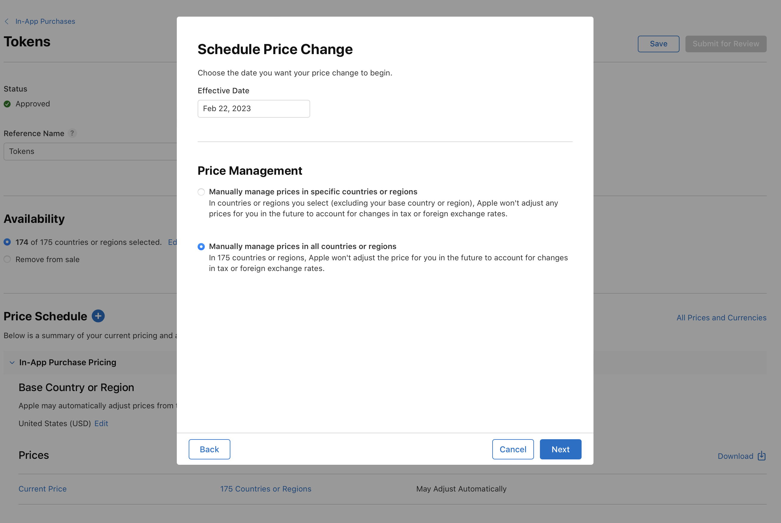 Screenshot of a Schedule Price Change pop-up window. There is a field to set the date you want your price change to begin. Under the Price Management section, there are options to manually manage prices in select countries/regions or all. Buttons for navigation include Cancel and Next.