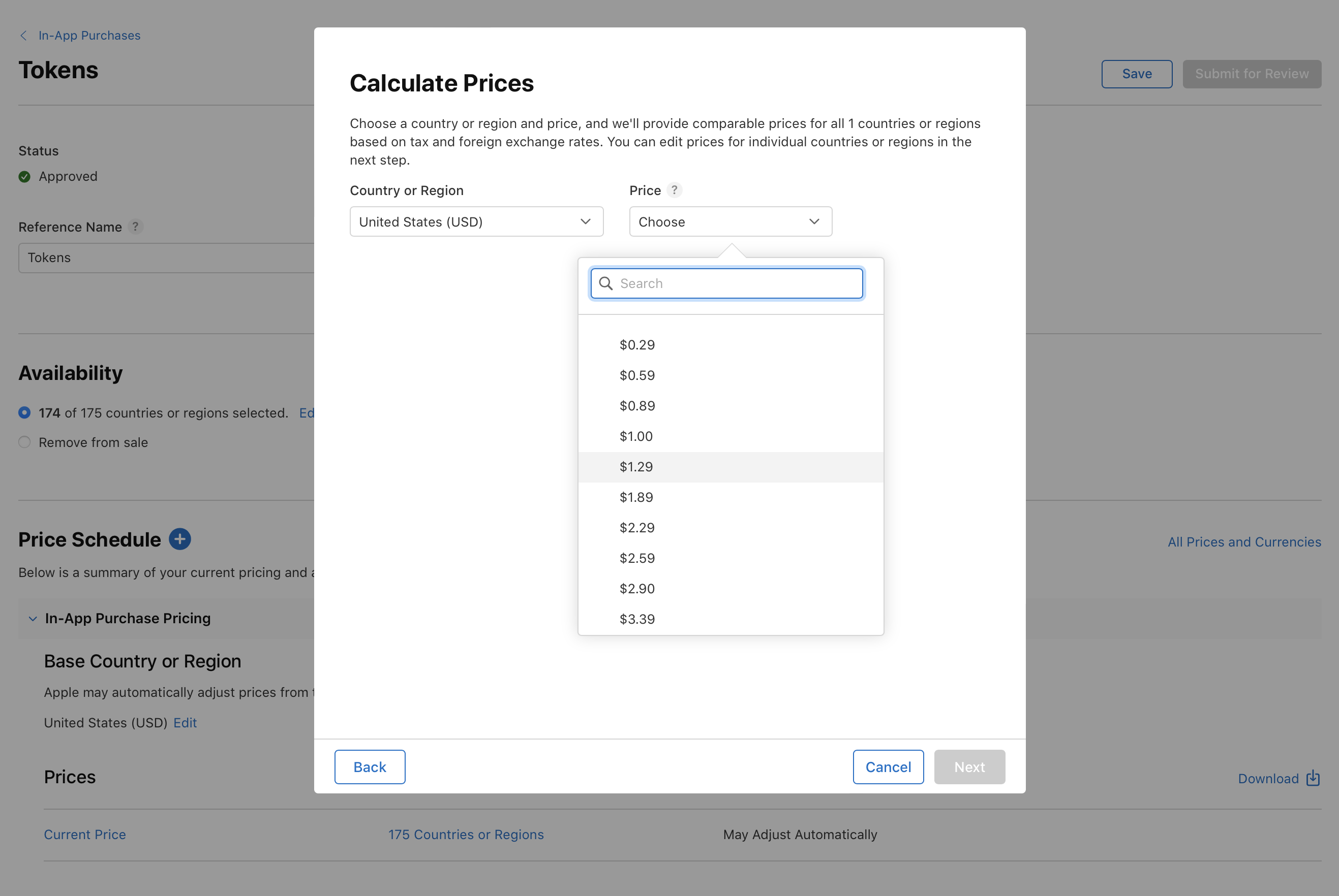 Screenshot of a Calculate Prices pop-up window. The window allows users to select a country or region and choose a price for an In-App Purchase. A dropdown menu displays various price options. Buttons for navigation include Back, Cancel, and Next.