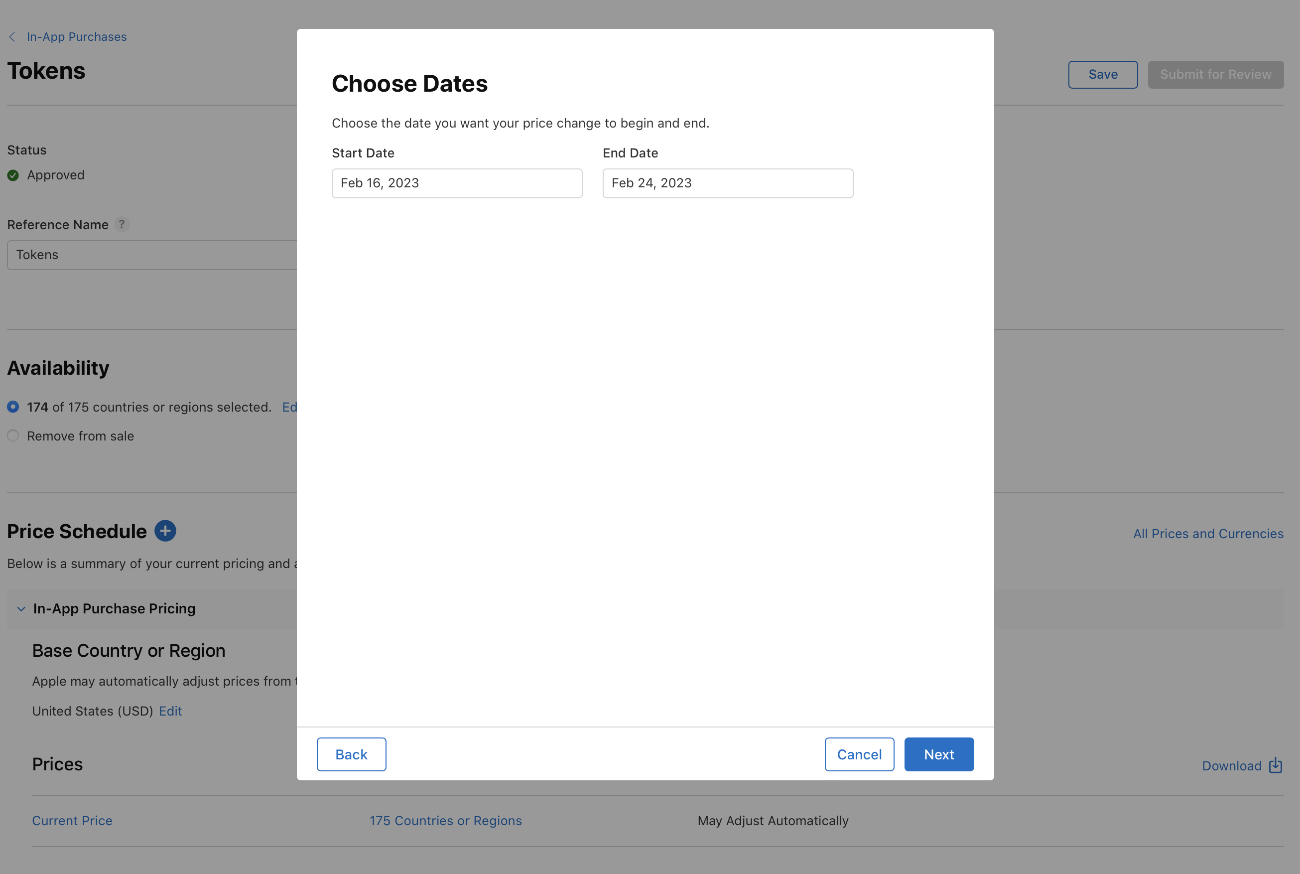 Screenshot of a pop-up window for scheduling a price change for In-App Purchases. The pop-up is titled Choose Dates and allows users to select a start date and end date for a temporary price change. Buttons for navigation include Back, Cancel, and Next.