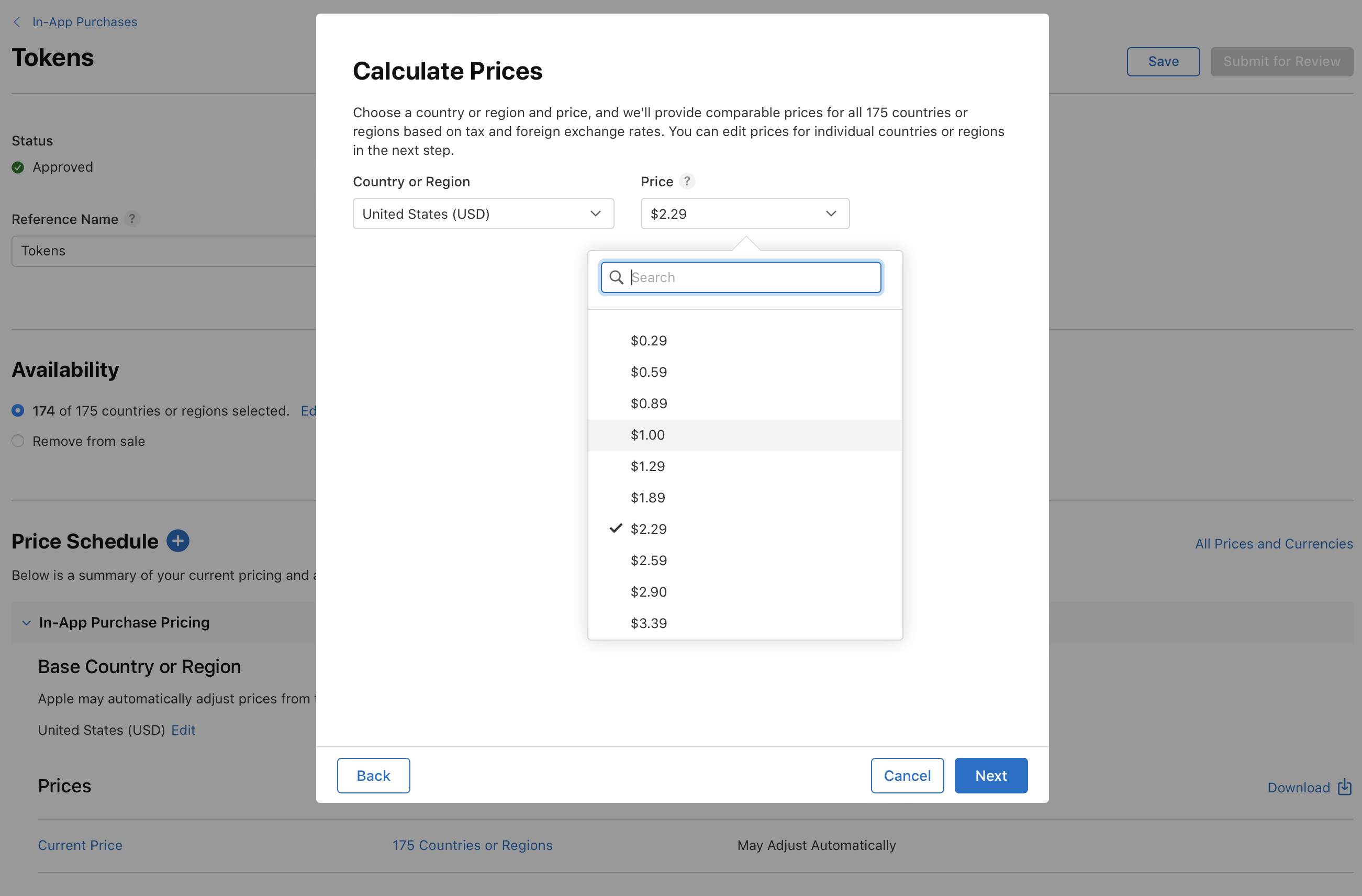 Screenshot of a Calculate Prices pop-up window. The window allows users to select a country or region and choose a price for an In-App Purchase. A dropdown menu displays various price options. Buttons for navigation include Back, Cancel, and Next.