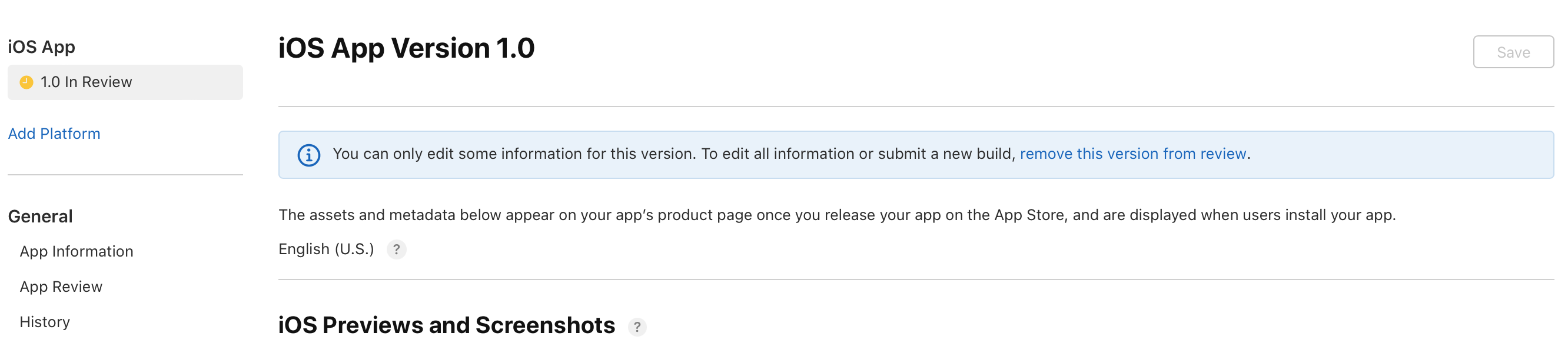 On top of the app version detail page, there is text stating, “You can only edit some information for this version. To edit all information or submit a new build, remove this version from review.” The “remove this version from review” part is clickable.