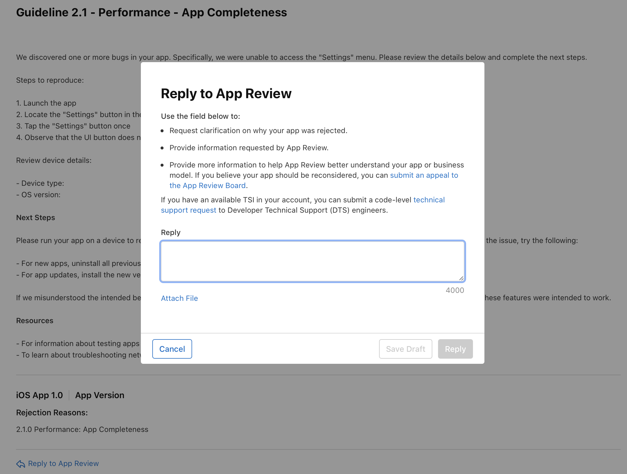 The “Reply to App Review” dialog contains a text field for entering a reply, with a 4000 character limit indicator. Below the field, there’s an “Attach File” link. At the bottom of the dialog, the “Cancel” button is on the left, and the “Save Draft” and “Reply” buttons are on the right, both grayed out due to the empty reply field.