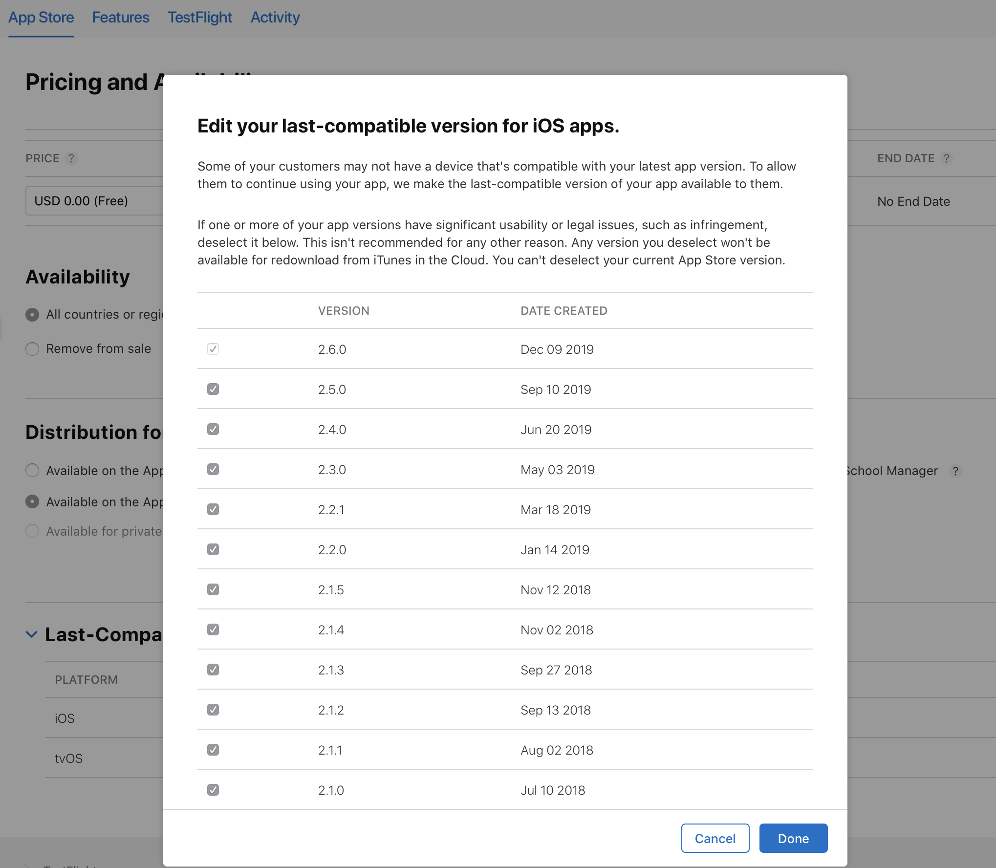 In the “Edit your last-compatible version for iOS apps.” dialog, there is a list of app versions, each with a selected check box next to it. At the bottom, “Cancel” and “Done” buttons are on the right.