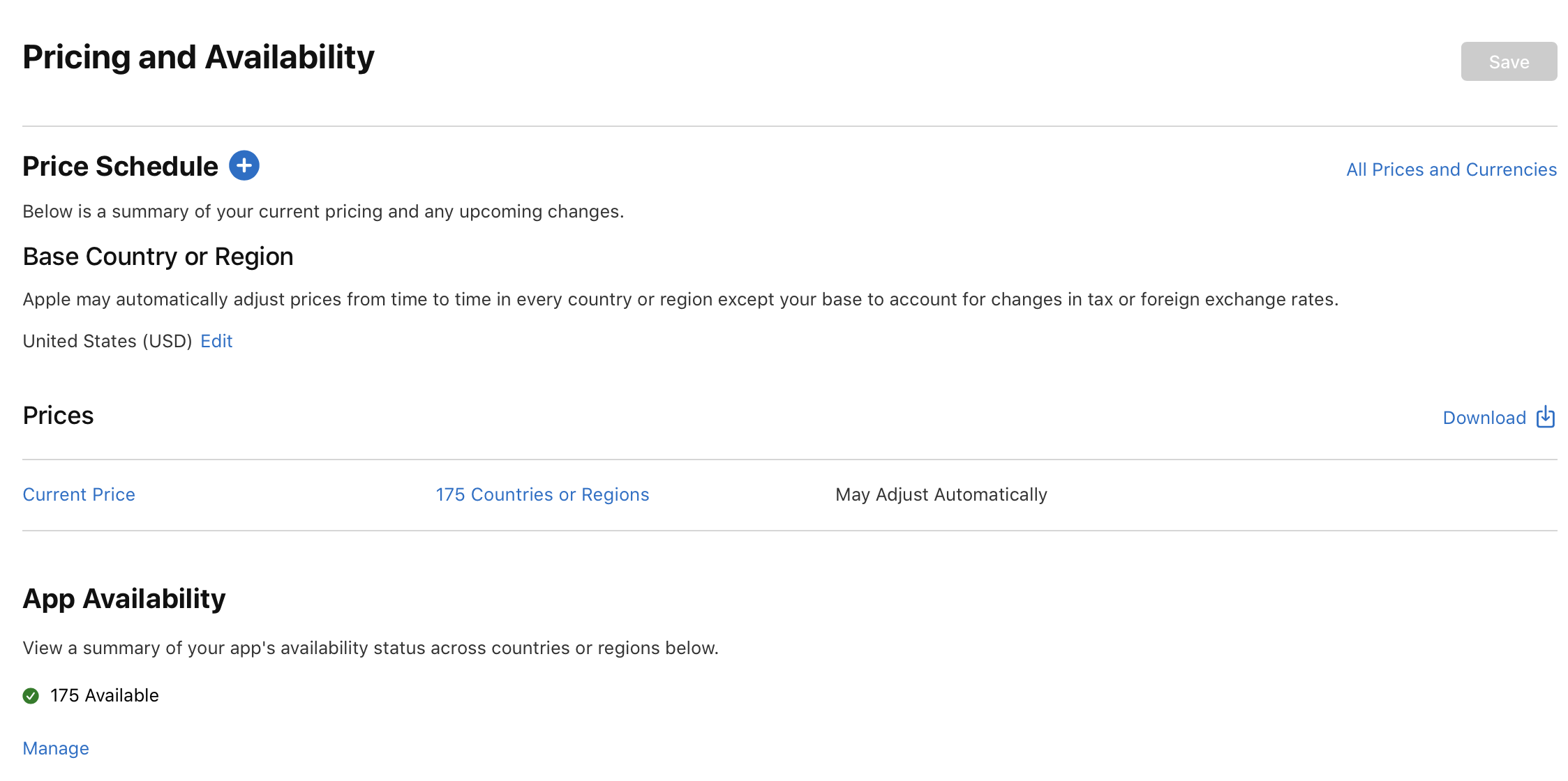On the “Pricing and Availability” page, the “App Availability” section has a “Manage” link.