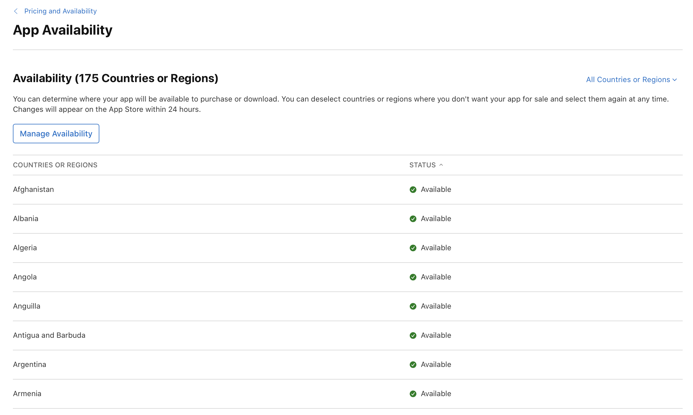 On the “App Availability” page, below “Availability (175 Countries or Regions), there is the “Manage Availability” button.
