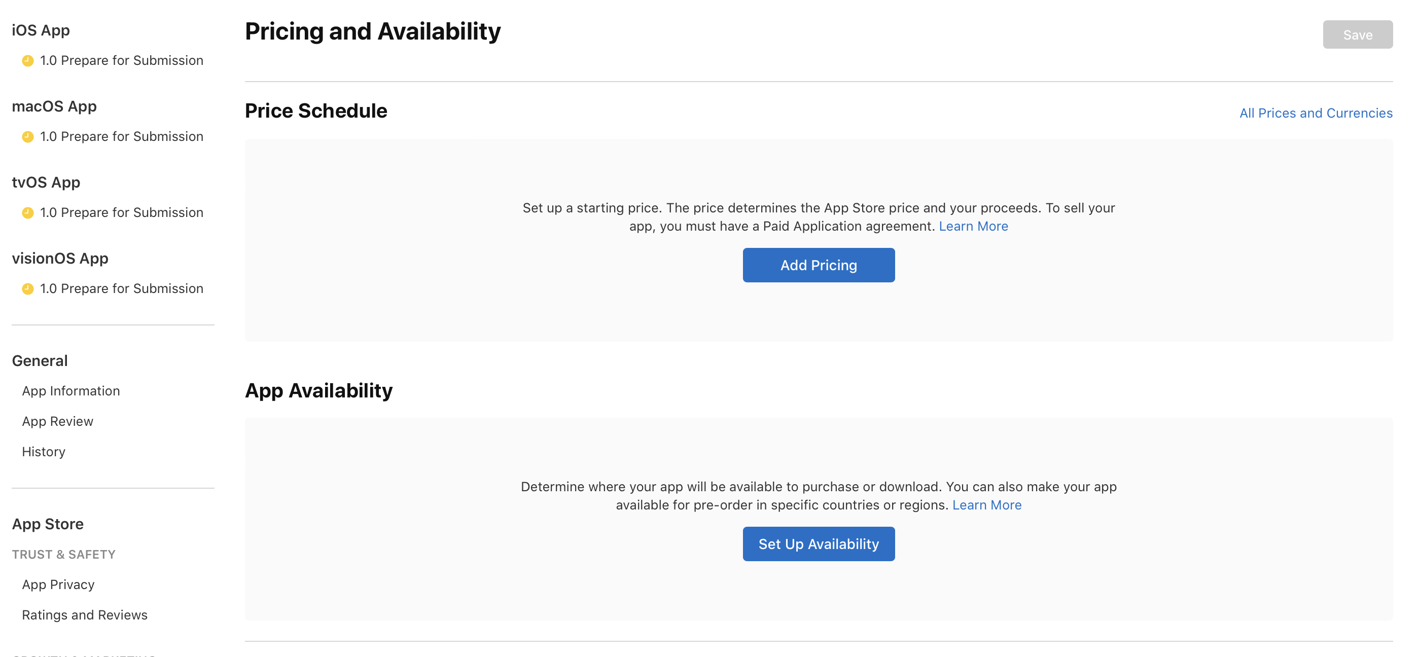 On the “Pricing and Availability” page, the “App Availability” section has a “Set Up Availability” button.