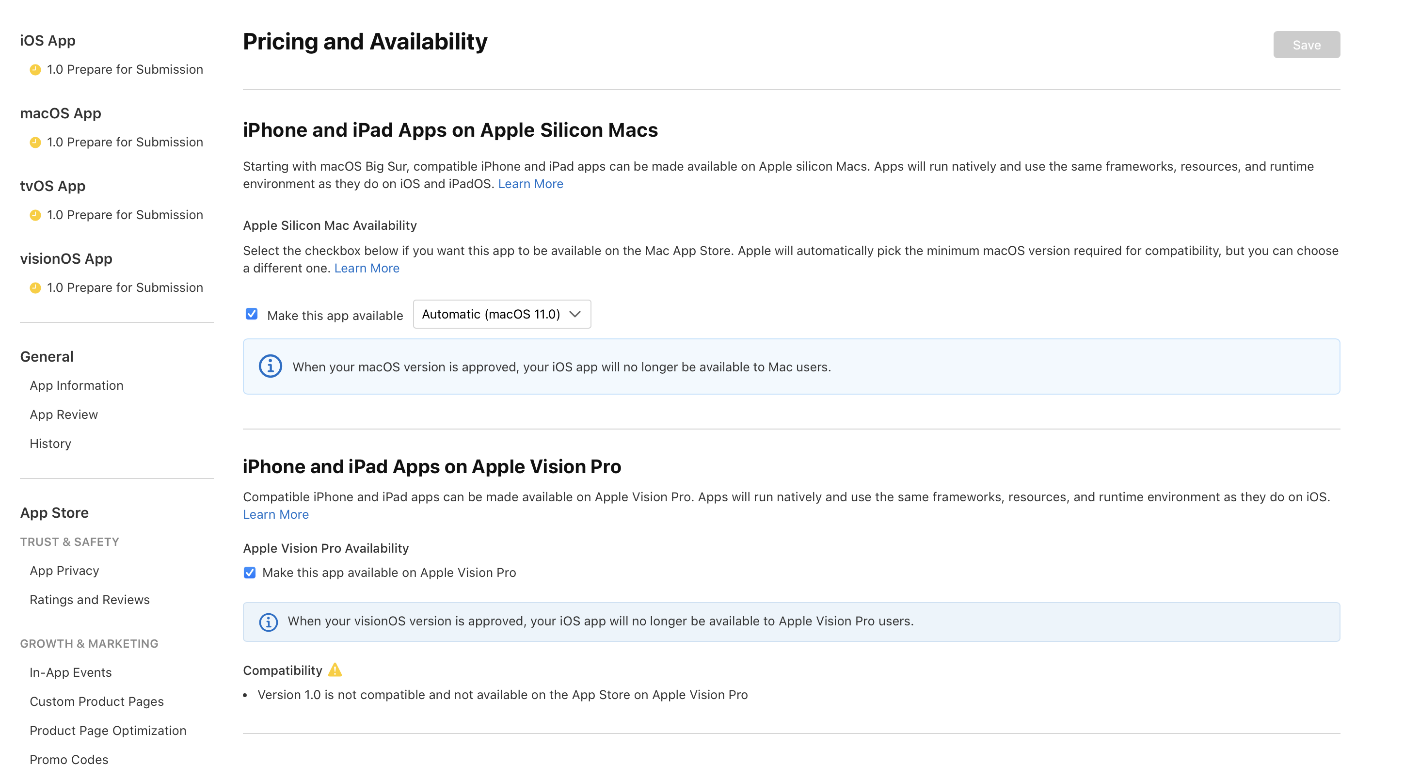 On the “Pricing and Availability” page, there’s a section titled “iPhone and iPad Apps on Apple Vision Pro.”