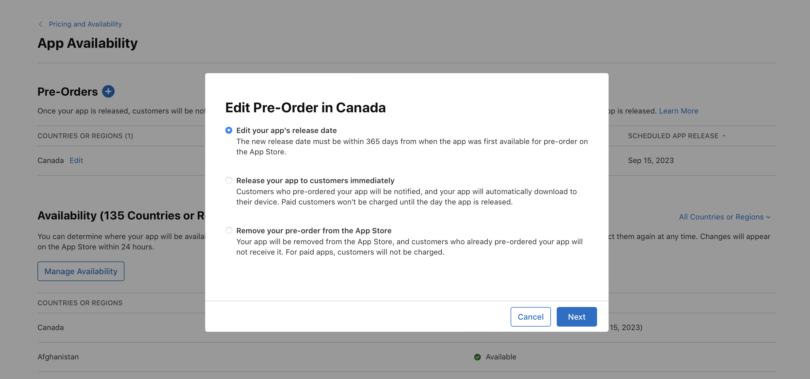 In the “Edit Pre-Order in Canada” dialog, there are three options: “Edit your app's release date”, “Release your app to customers immediately”, and “Remove your pre-order from the App Store”. The “Edit your app's release date” option is selected. At the bottom, “Cancel” and “Next” buttons are on the right.