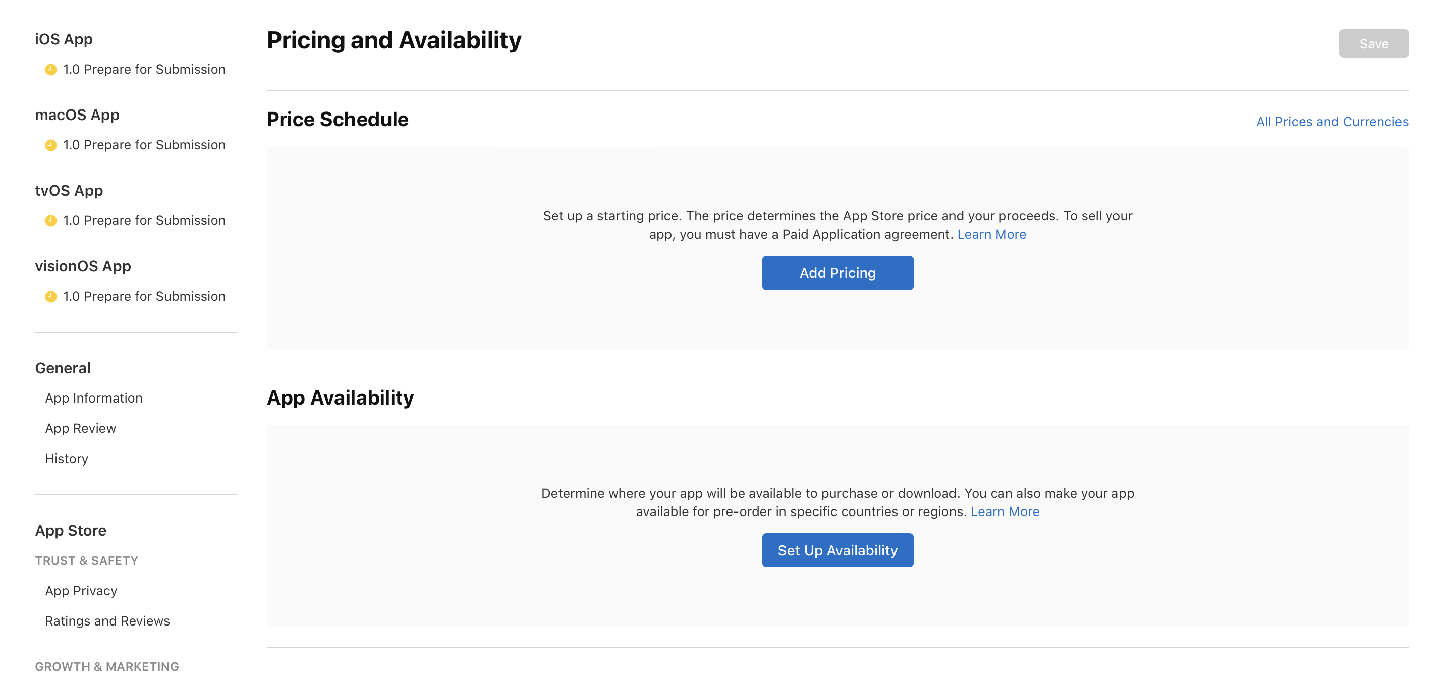 On the “Pricing and Availability“ page, the “App Availability” section has the “Set Up Availability” button.