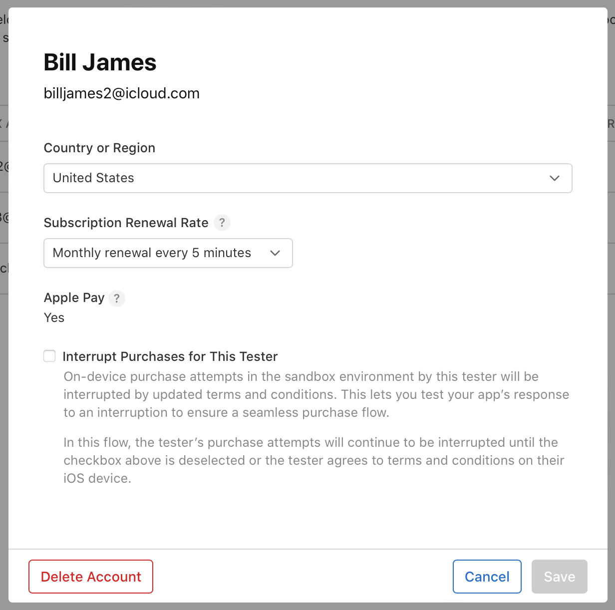 Test Accounts page showing the Sandbox account detail dialog with a menu for 'country or region'.