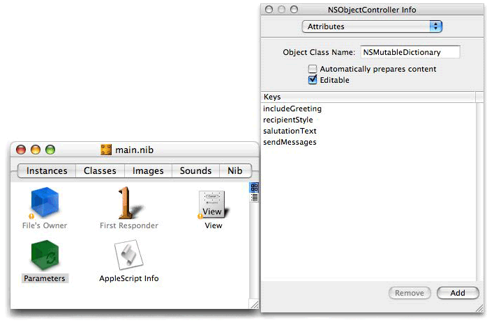 Adding the keys of the Parameters instance (NSObjectController)