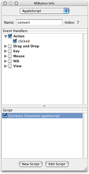 The Info window after connecting a clicked handler to the Convert button