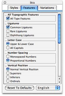 A Features dialog for the Skia font