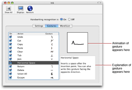 Gestures in the Ink preferences pane