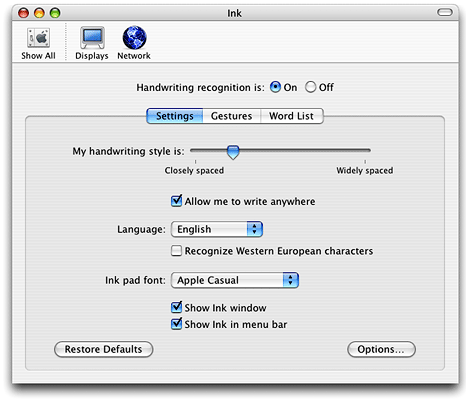 Settings in the Ink preferences pane