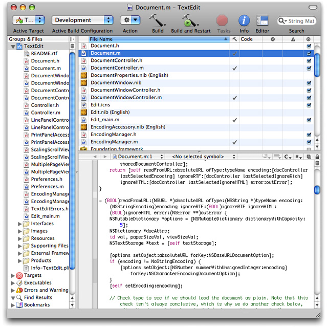 The TextEdit example project in Xcode