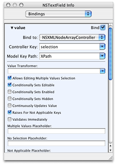 Bindings for the text field displaying the selected child’s XPath location