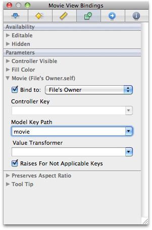 Binding the movie to the File’s Owner and specifying the model key path