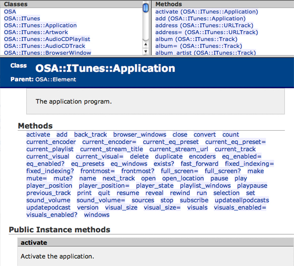 A page from the rdoc-osa documentation for iTunes