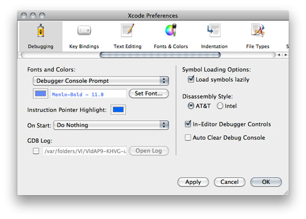 Debugging preferences pane