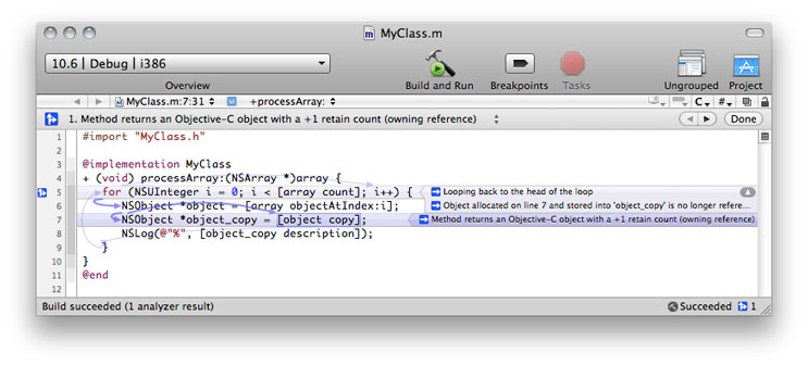 Text editor window showing the flow path of a memory-leak violation. Step 1 of the flow path is highlighted.