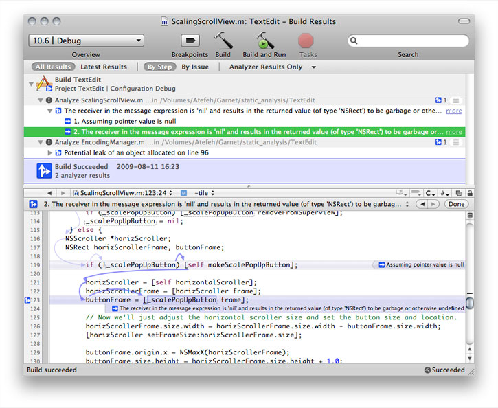 Build Results window showing source files with code flaws. The editor pane shows the flaw and a partial flow path.