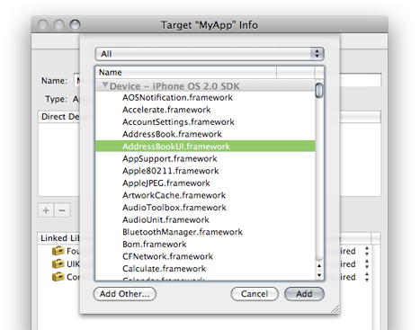 The framework dialog of the Target Info window