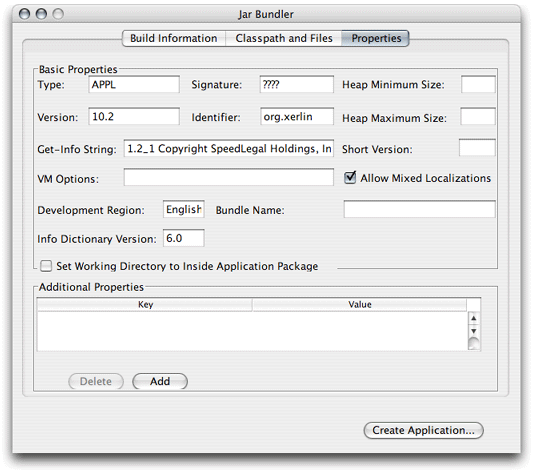 Properties pane of Jar Bundler configured to package Xerlin