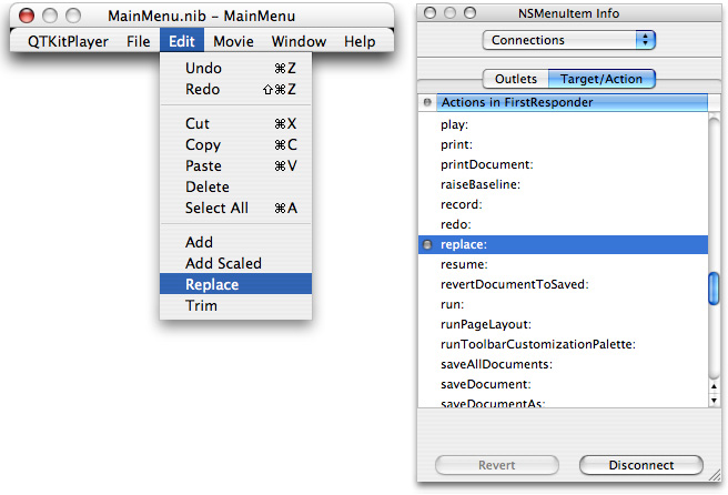 The MainMenu nib file with the Replace menu item selected and its connection specified